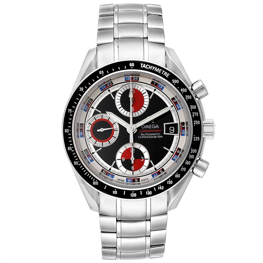 This image shows a frontal view of the Omega Speedmaster 3210.52.00 Men
s Stainless Steel Black Dial 3210.52.00 Men
s Stainless Steel Black Dial watch, highlighting the dial, tachymeter bezel, and stainless steel bracelet.