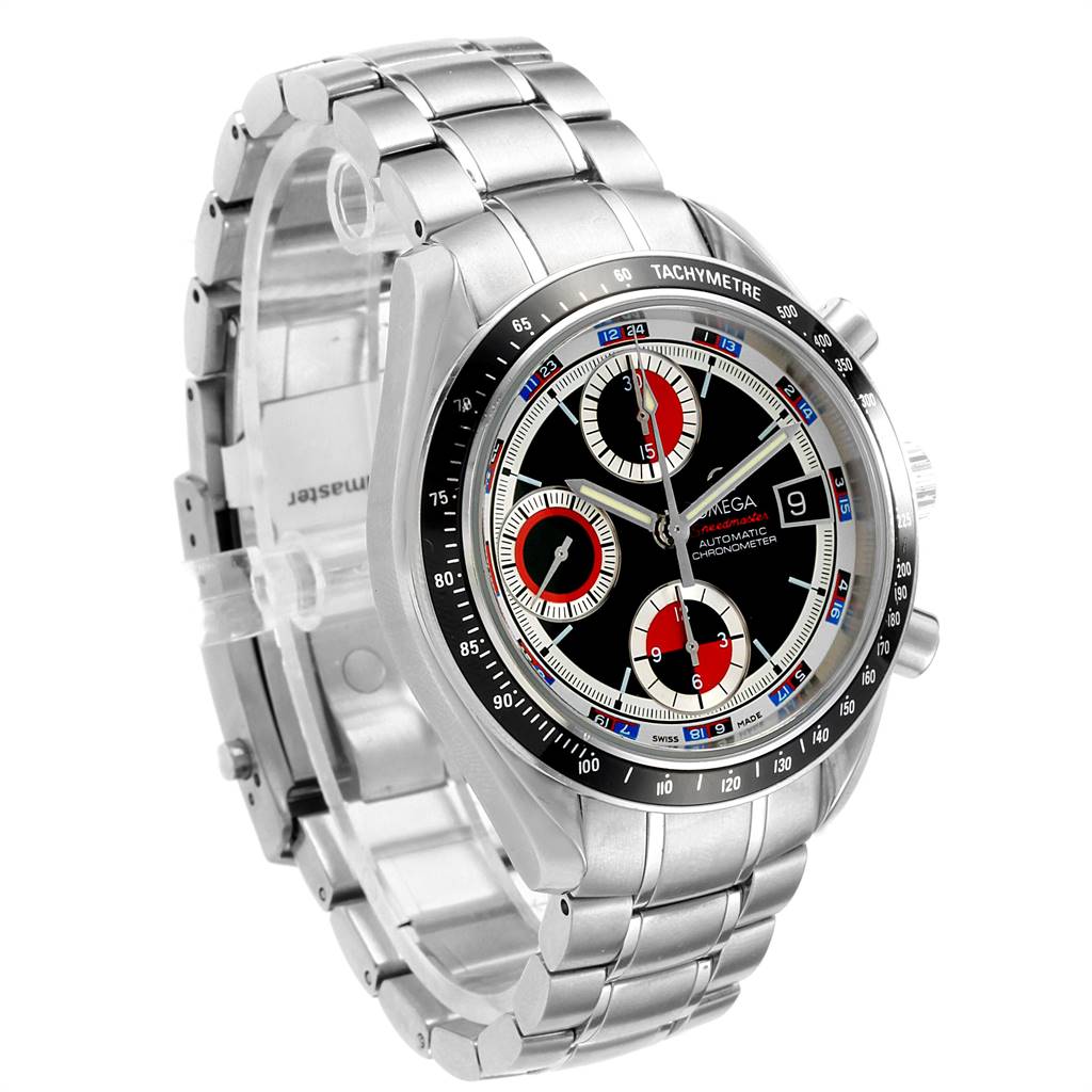 The Omega Speedmaster 3210.52.00 Men
s Stainless Steel Black Dial 3210.52.00 Men
s Stainless Steel Black Dial watch is shown at an angle, displaying its face, tachymeter, subdials, and metal bracelet.