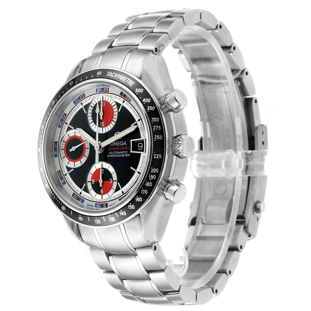 The Omega Speedmaster 3210.52.00 Men
s Stainless Steel Black Dial 3210.52.00 Men
s Stainless Steel Black Dial watch is shown from an angled side view, highlighting its face, bezel, and metal bracelet.