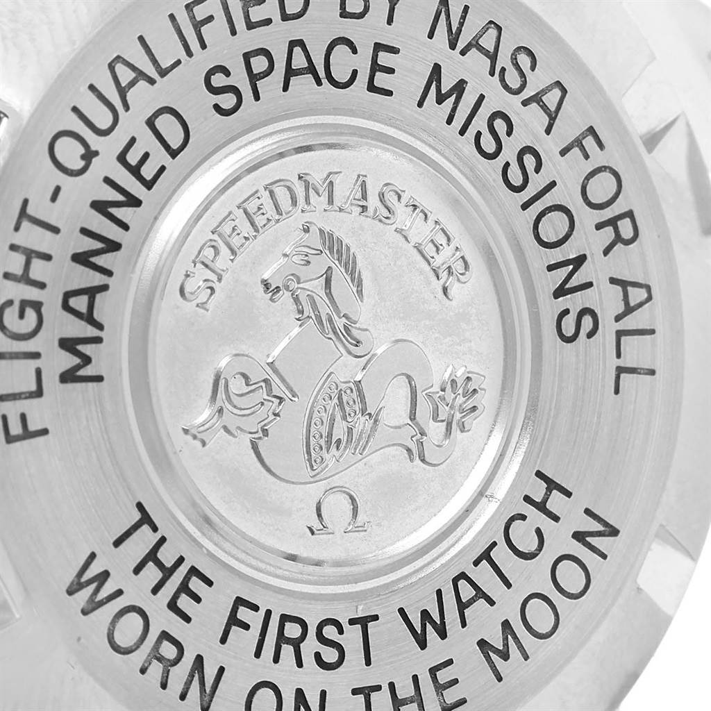 The image shows the engraved case back of an Omega Speedmaster 3570.50.00 Men
s Stainless Steel Black Dial 3570.50.00 Men
s Stainless Steel Black Dial watch, highlighting the space mission qualifications.