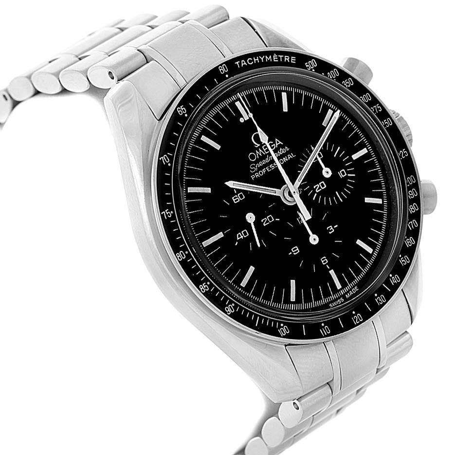 The Omega Speedmaster 3570.50.00 Men
s Stainless Steel Black Dial 3570.50.00 Men
s Stainless Steel Black Dial watch is shown at a three-quarter angle, highlighting its bezel, dial, and metal bracelet.