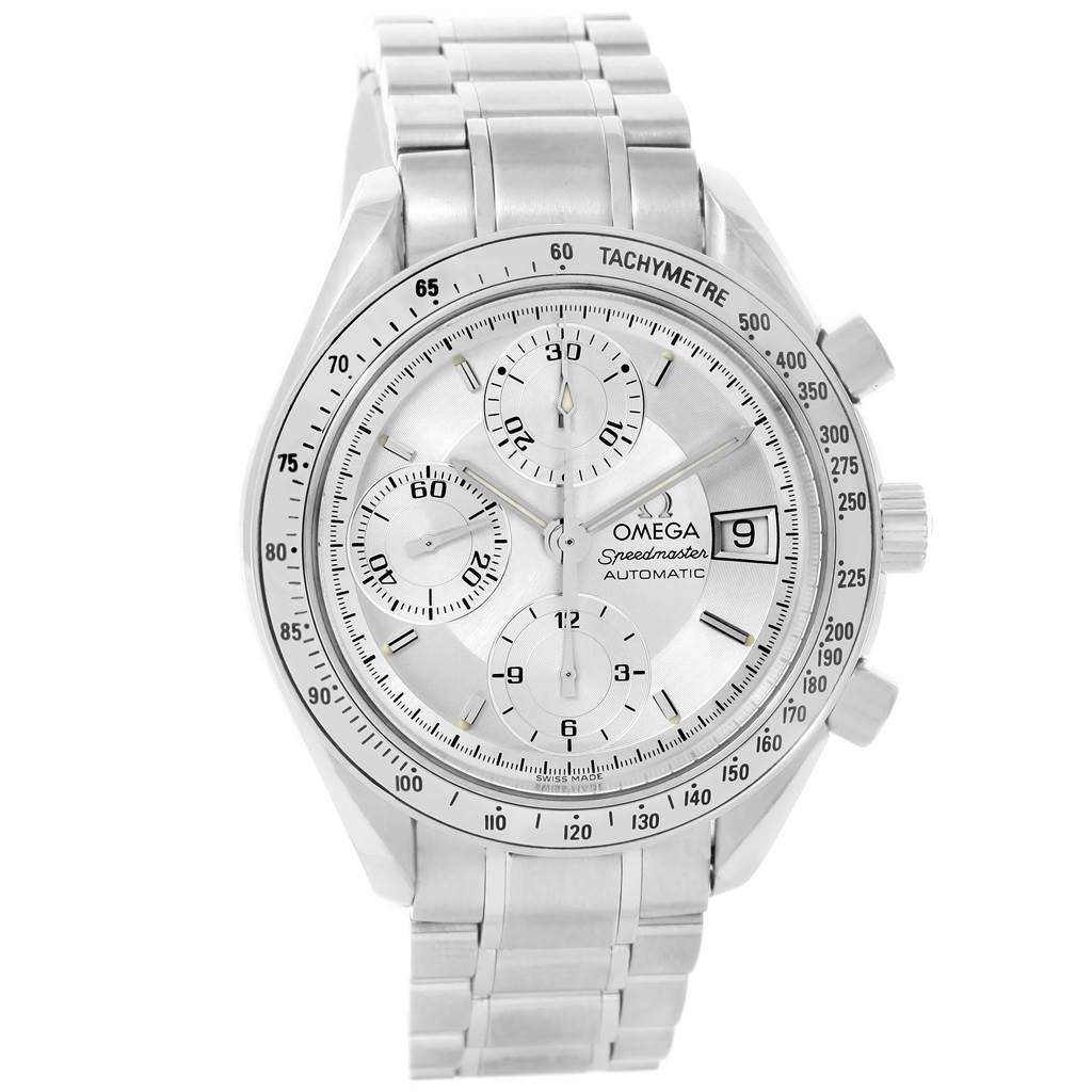 The image shows a front view of an Omega Speedmaster 3513.30.00 Men's Stainless Steel Silver Dial 3513.30.00 Men's Stainless Steel Silver Dial watch, highlighting its face, subdials, tachymeter bezel, and metal bracelet.