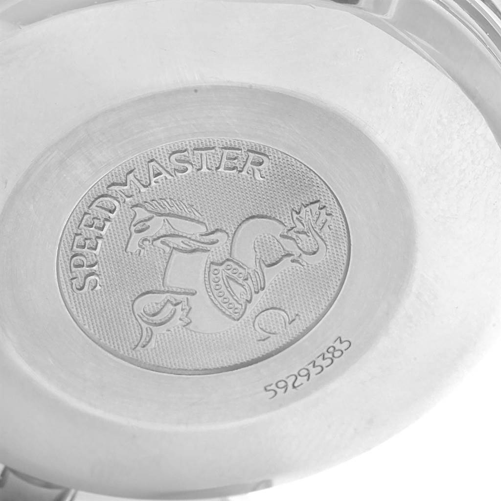 This shows the case back of an Omega Speedmaster 3513.30.00 Men's Stainless Steel Silver Dial 3513.30.00 Men's Stainless Steel Silver Dial watch, featuring the engraved emblem and model name.