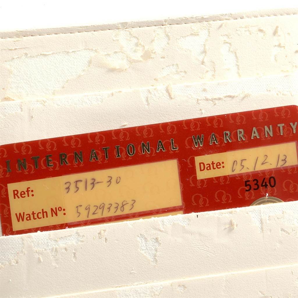 This image shows the International Warranty card for the Omega Speedmaster 3513.30.00 Men's Stainless Steel Silver Dial 3513.30.00 Men's Stainless Steel Silver Dial watch model.