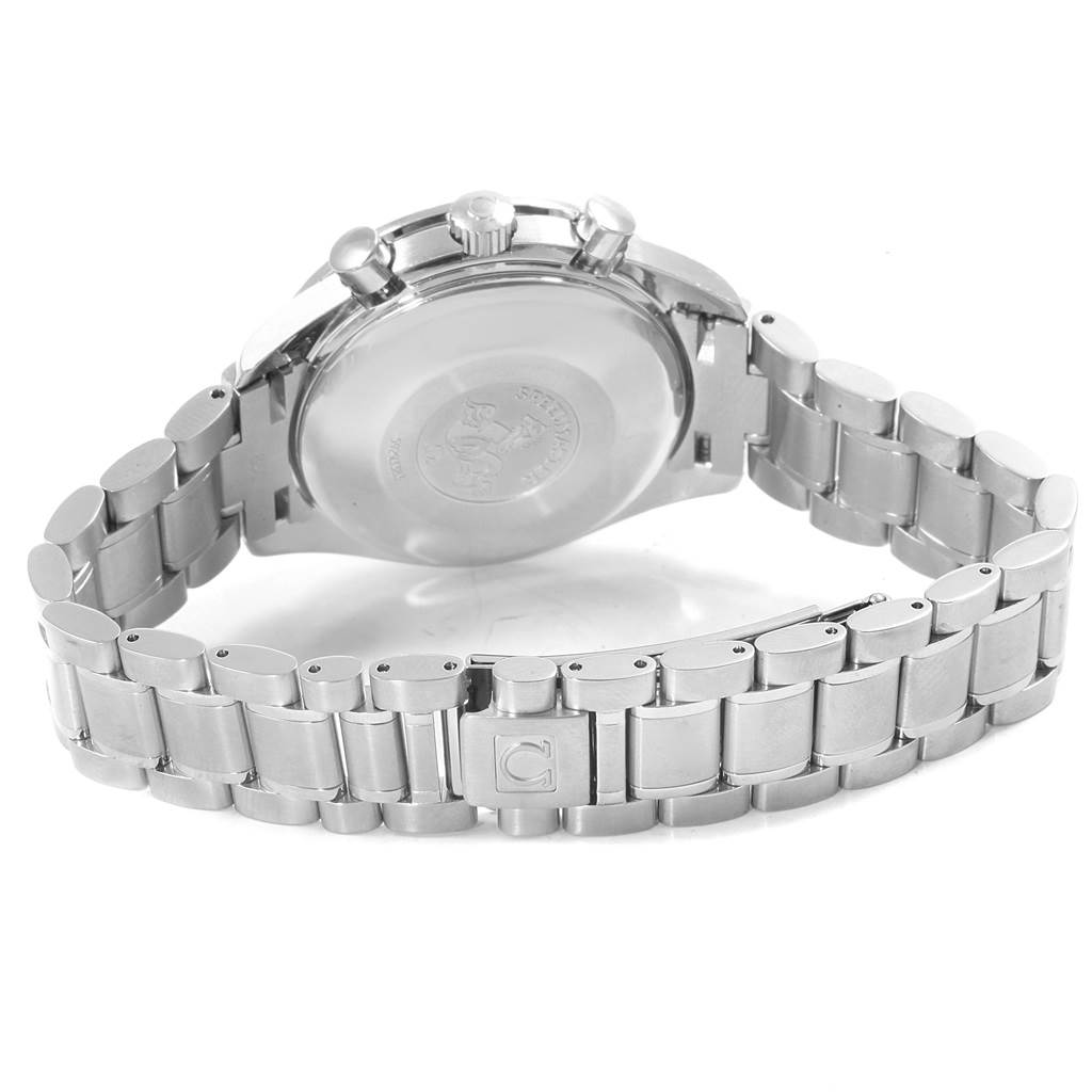 The image shows the back view of the Omega Speedmaster 3513.30.00 Men's Stainless Steel Silver Dial 3513.30.00 Men's Stainless Steel Silver Dial watch, including its case back, bracelet, and clasp.