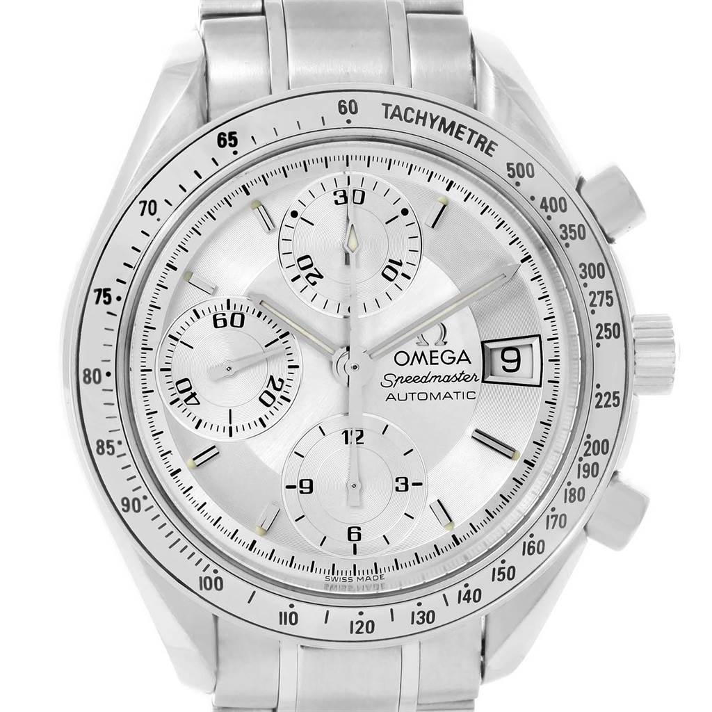 The Omega Speedmaster 3513.30.00 Men's Stainless Steel Silver Dial 3513.30.00 Men's Stainless Steel Silver Dial watch is shown from the front, displaying its dial, tachymeter bezel, date window, and subdials.