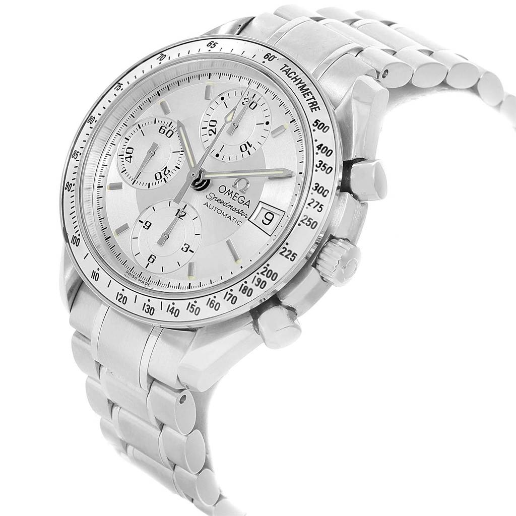 This image shows a side angle of an Omega Speedmaster 3513.30.00 Men's Stainless Steel Silver Dial 3513.30.00 Men's Stainless Steel Silver Dial watch, highlighting the dial, bezel, chronograph buttons, and metal bracelet.