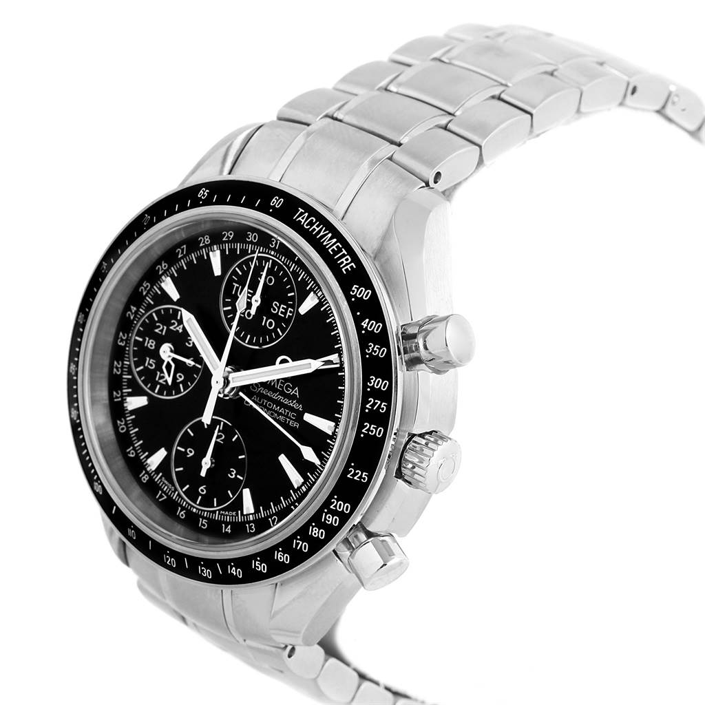 The image displays a side angle of the Omega Speedmaster 3220.50.00 Men
s Stainless Steel Black Dial 3220.50.00 Men
s Stainless Steel Black Dial, showing the dial, bezel, crown, pushers, and part of the metal bracelet.