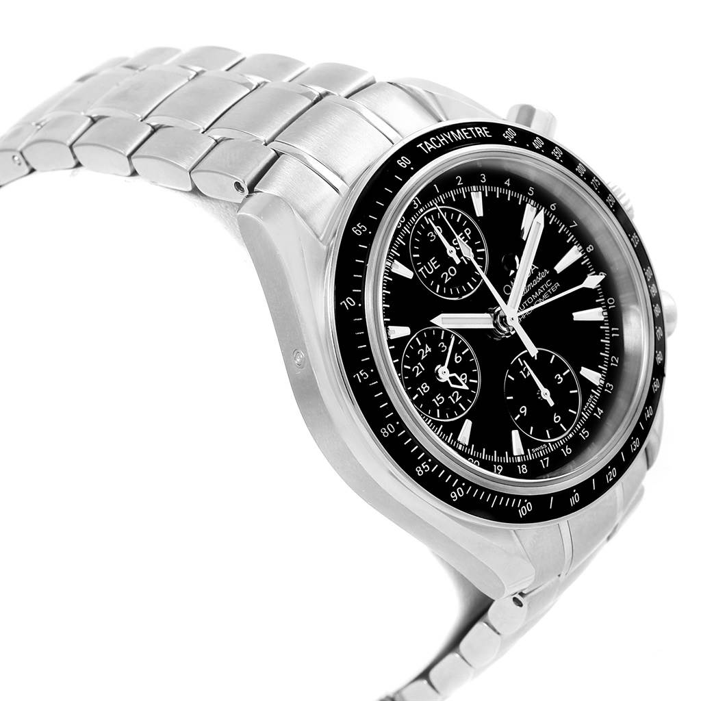 The image shows a side angle of the Omega Speedmaster 3220.50.00 Men
s Stainless Steel Black Dial 3220.50.00 Men
s Stainless Steel Black Dial watch, highlighting its stainless steel bracelet, tachymeter bezel, and chronograph dials.