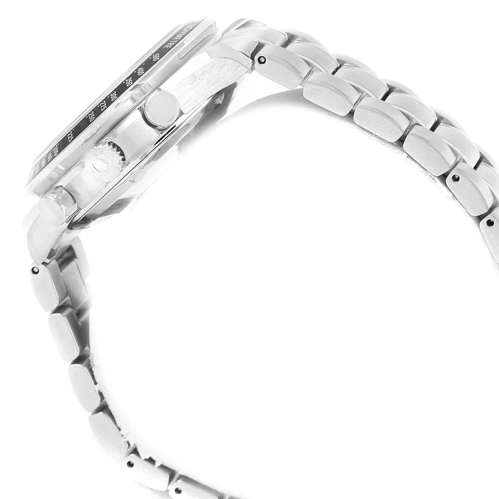 The image shows the side view of an Omega Speedmaster 3220.50.00 Men
s Stainless Steel Black Dial 3220.50.00 Men
s Stainless Steel Black Dial watch, highlighting its metal bracelet and the crown.