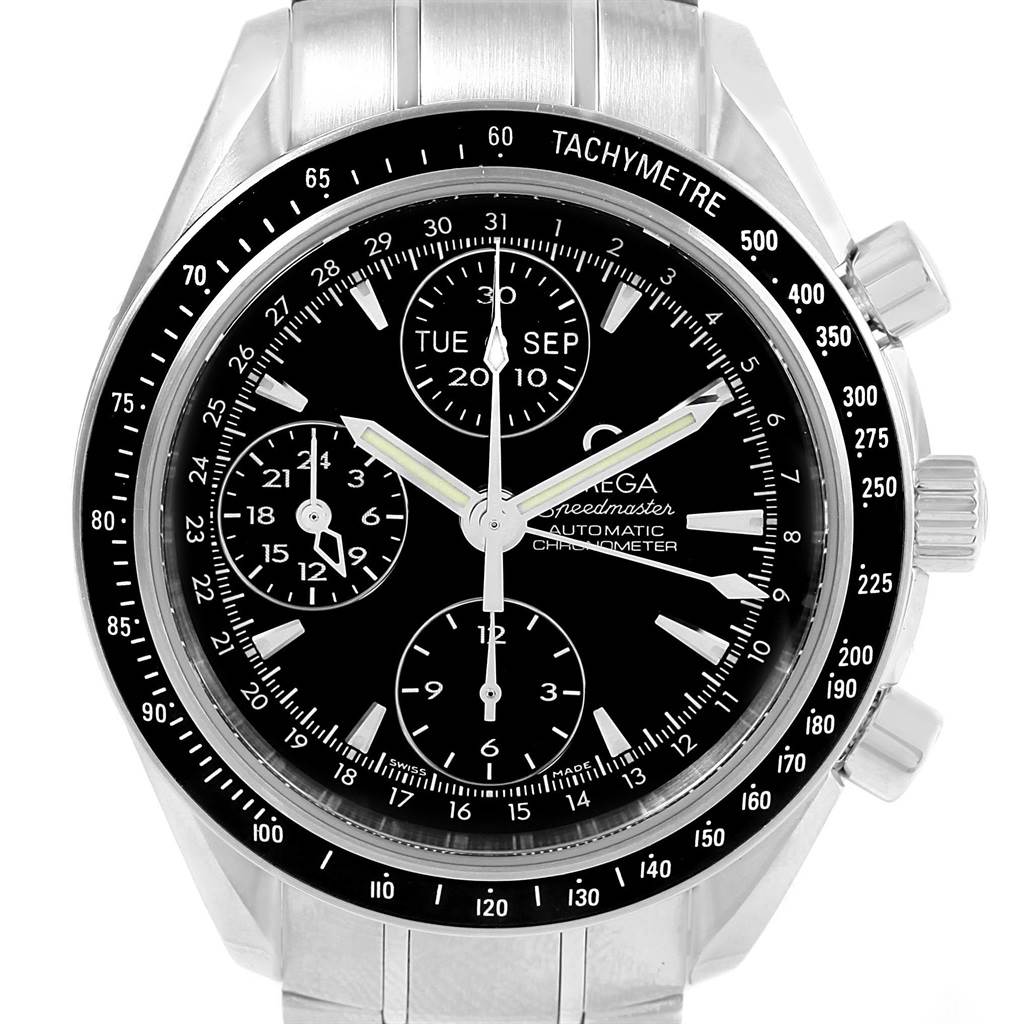 The image shows a front view of an Omega Speedmaster 3220.50.00 Men
s Stainless Steel Black Dial 3220.50.00 Men
s Stainless Steel Black Dial watch, displaying its face, chronograph sub-dials, and tachymeter bezel.