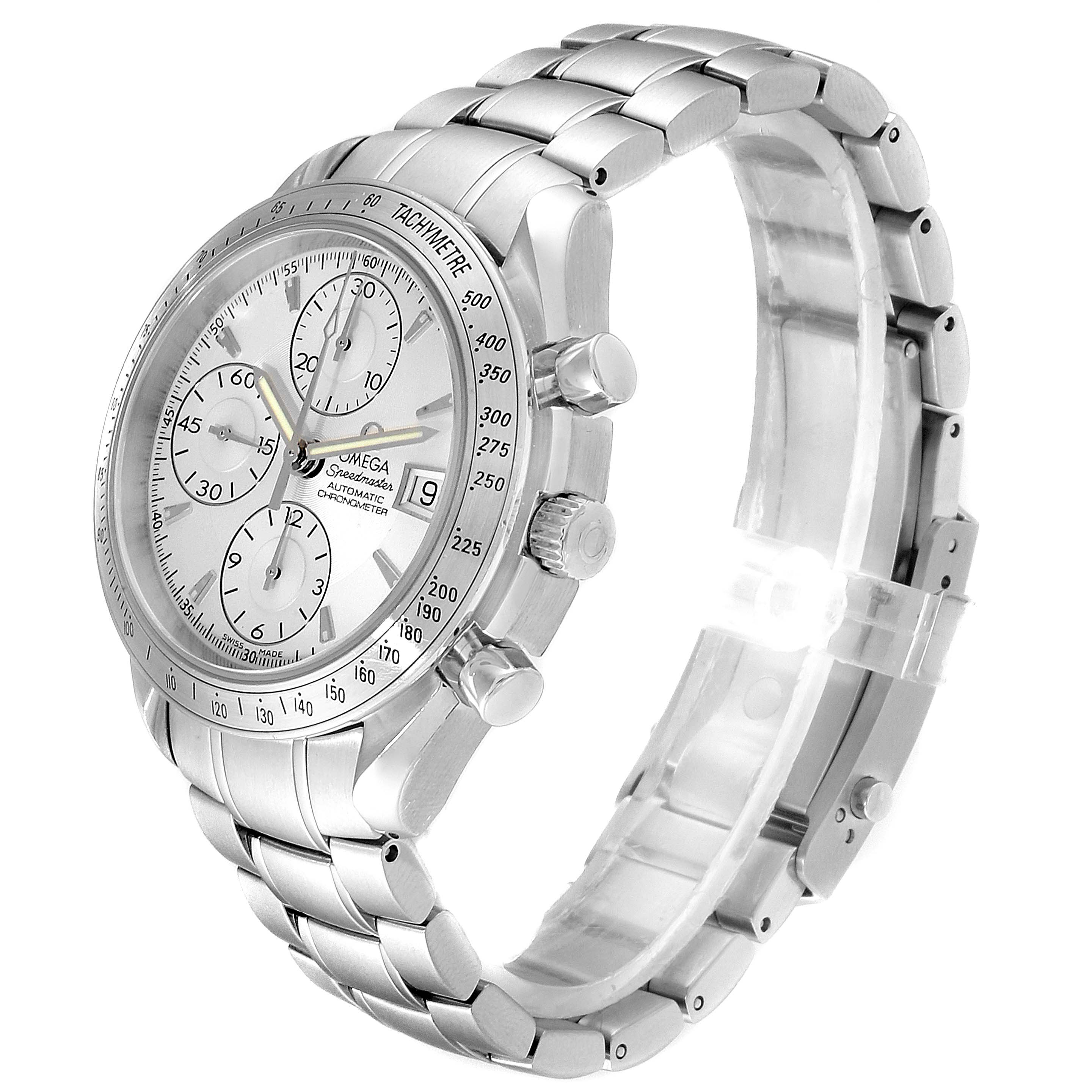 The Omega Speedmaster 3211.30.00 Men
s Stainless Steel Silver Dial 3211.30.00 Men
s Stainless Steel Silver Dial watch is shown at a side angle, highlighting the dial, bezel, pushers, crown, and metal bracelet.