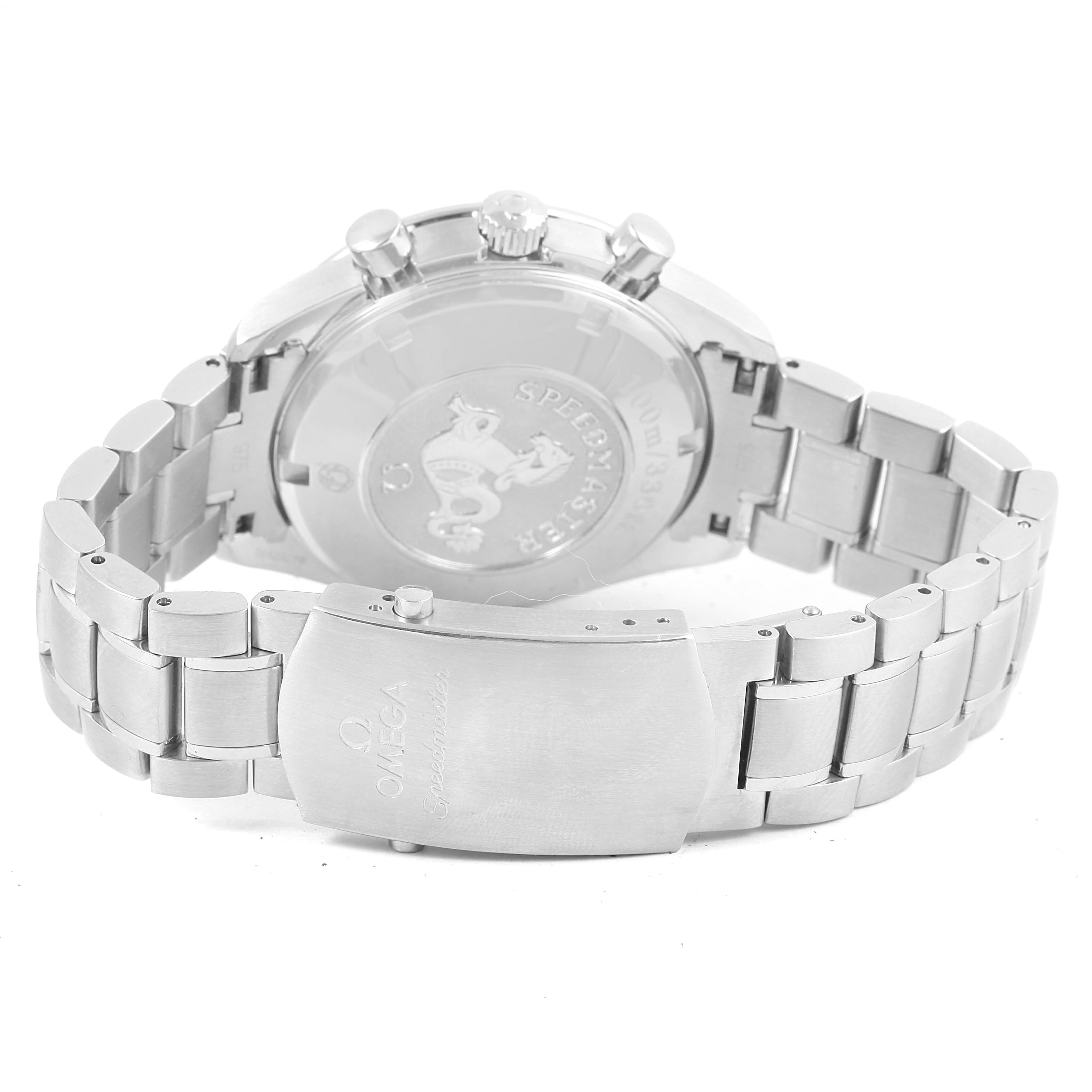 The image shows the back case, bracelet, and clasp of an Omega Speedmaster 3211.30.00 Men
s Stainless Steel Silver Dial 3211.30.00 Men
s Stainless Steel Silver Dial watch from a rear angle.