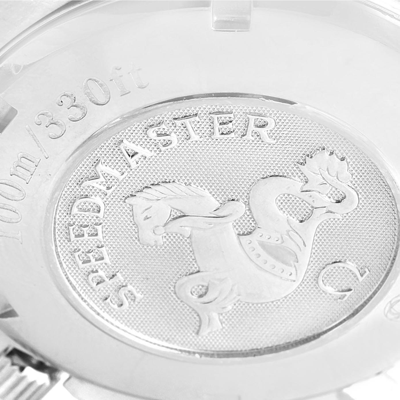 The image shows the engraved back case of an Omega Speedmaster 3211.30.00 Men
s Stainless Steel Silver Dial 3211.30.00 Men
s Stainless Steel Silver Dial watch, featuring a seahorse logo and text for water resistance.