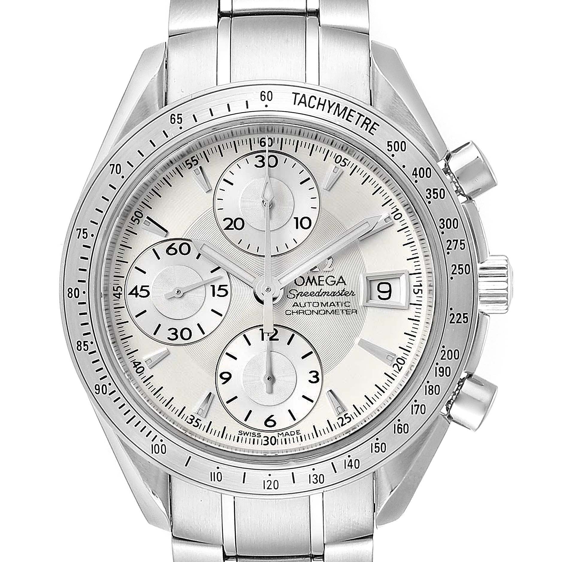 The image shows a frontal view of an Omega Speedmaster 3211.30.00 Men
s Stainless Steel Silver Dial 3211.30.00 Men
s Stainless Steel Silver Dial watch, highlighting the dial, subdials, date window, and tachymeter bezel.
