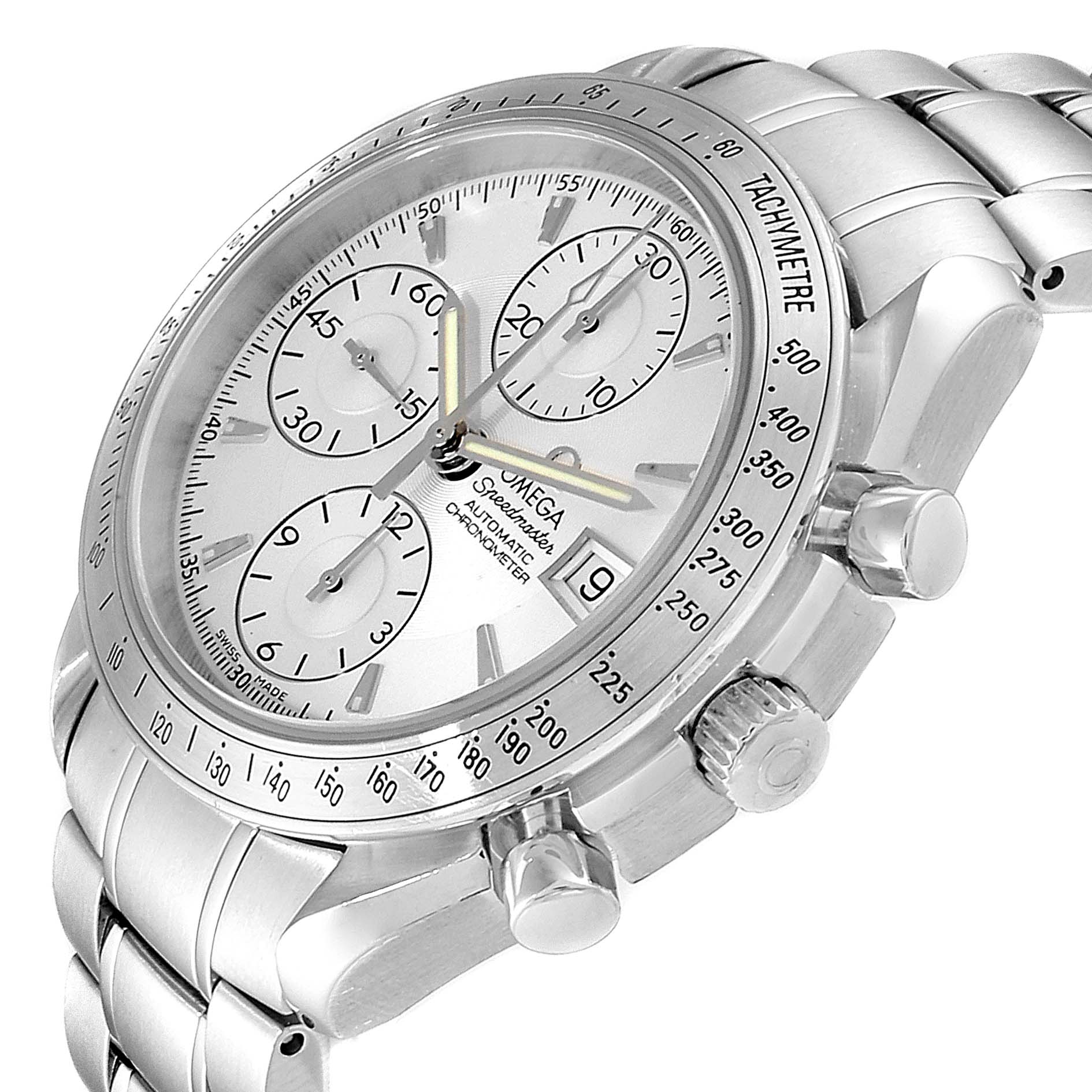 The Omega Speedmaster 3211.30.00 Men
s Stainless Steel Silver Dial 3211.30.00 Men
s Stainless Steel Silver Dial watch is shown at an angled side view, displaying the dial, subdials, crown, and stainless steel bracelet.