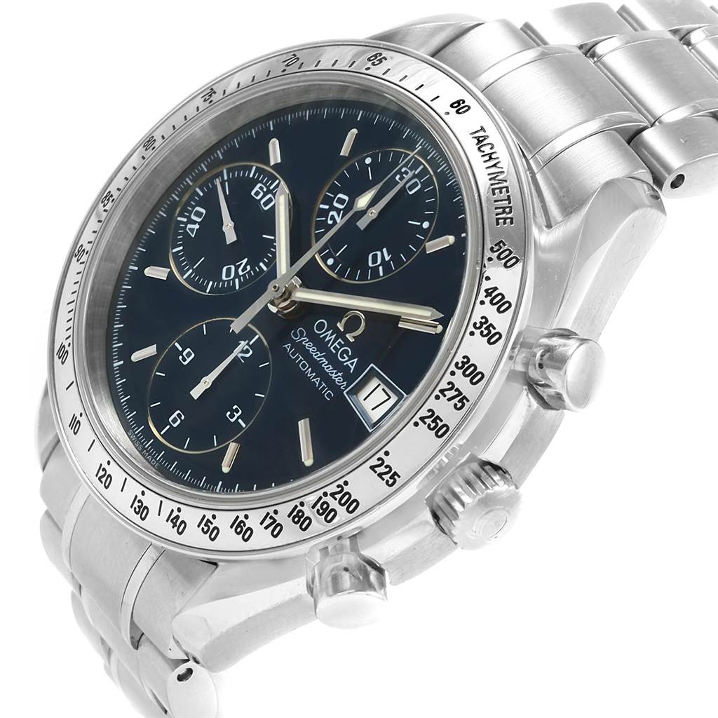 The image shows an angled view of an Omega Speedmaster 3513.80.00 Men
s Stainless Steel Blue Dial 3513.80.00 Men
s Stainless Steel Blue Dial watch, featuring its face, bezel, and chronograph pushers.