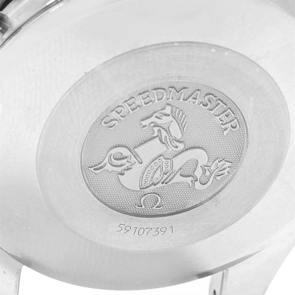 The image shows the case back of an Omega Speedmaster 3513.80.00 Men
s Stainless Steel Blue Dial 3513.80.00 Men
s Stainless Steel Blue Dial watch, featuring the model name, logo, and serial number.