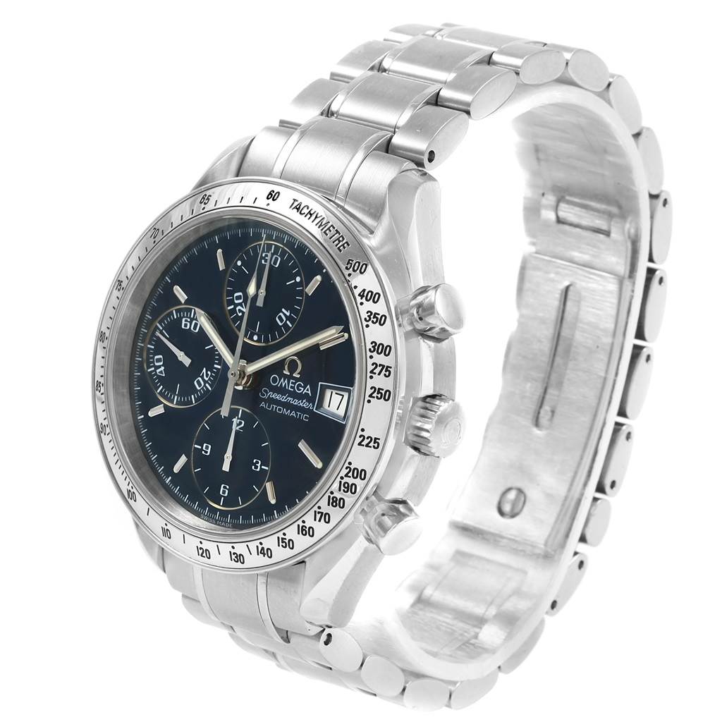 The image shows the front and side view of an Omega Speedmaster 3513.80.00 Men
s Stainless Steel Blue Dial 3513.80.00 Men
s Stainless Steel Blue Dial watch, featuring its dial, bezel, and bracelet.