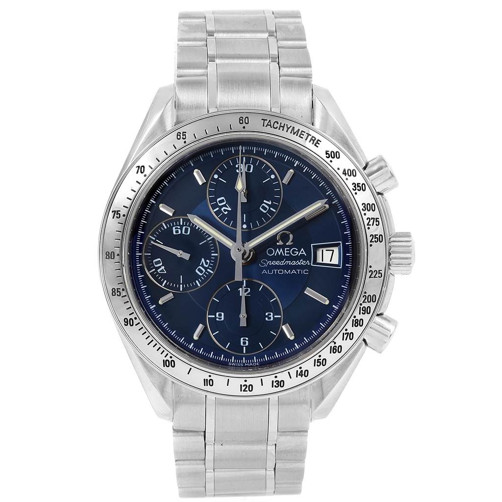 This image shows a frontal view of an Omega Speedmaster 3513.80.00 Men
s Stainless Steel Blue Dial 3513.80.00 Men
s Stainless Steel Blue Dial watch including the face, bezel, and metal bracelet.