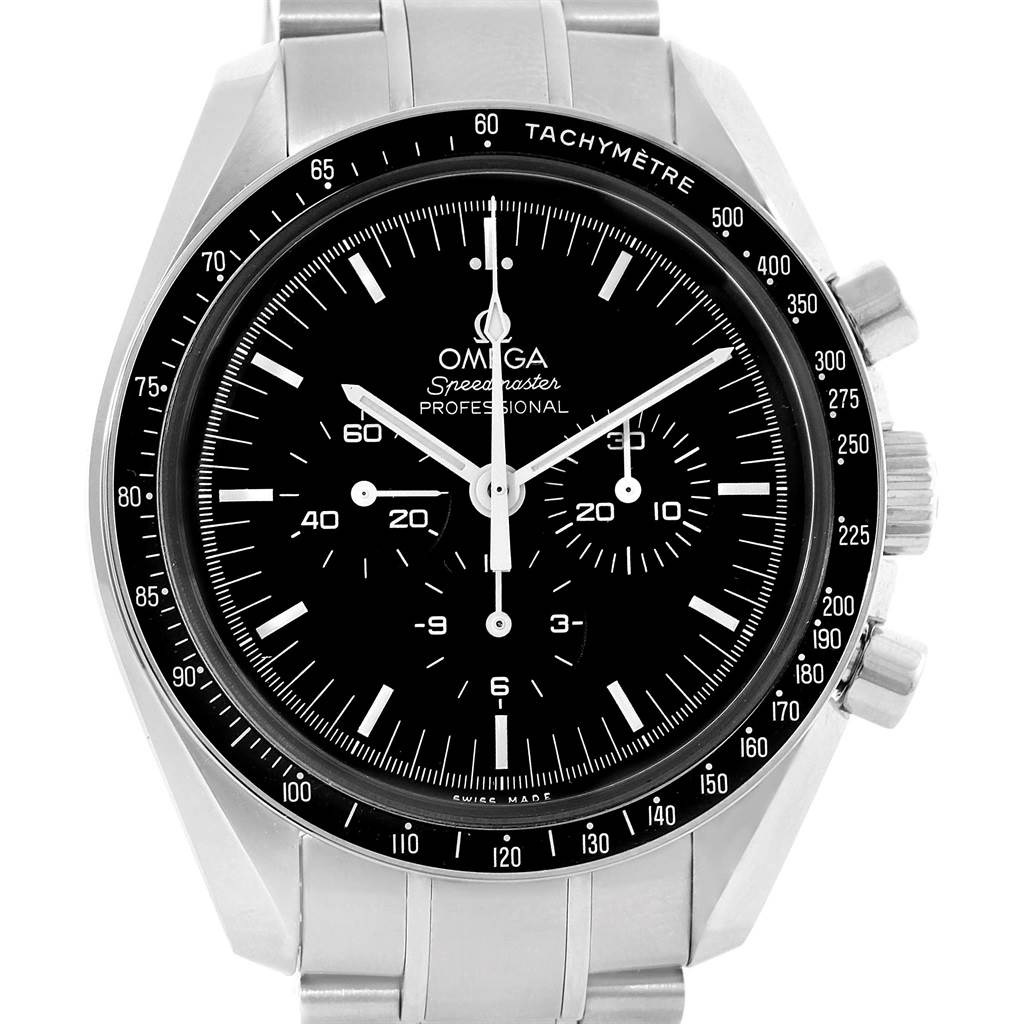 This image shows an Omega Speedmaster 311.30.42.30.01.005 Men
s Stainless Steel Black Dial 311.30.42.30.01.005 Men
s Stainless Steel Black Dial watch, viewed from the front, displaying the dial, bezel, and part of the bracelet.