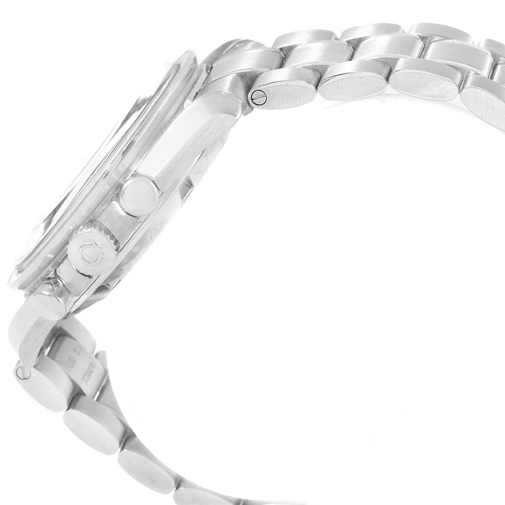 The image shows a side profile of the Omega Speedmaster 311.30.42.30.01.005 Men
s Stainless Steel Black Dial 311.30.42.30.01.005 Men
s Stainless Steel Black Dial watch, highlighting its case, crown, and part of the metal bracelet.