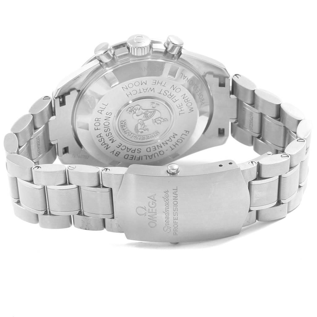 The image shows the back of an Omega Speedmaster 311.30.42.30.01.005 Men
s Stainless Steel Black Dial 311.30.42.30.01.005 Men
s Stainless Steel Black Dial watch, including the case back, crown, pushers, and bracelet with clasp.