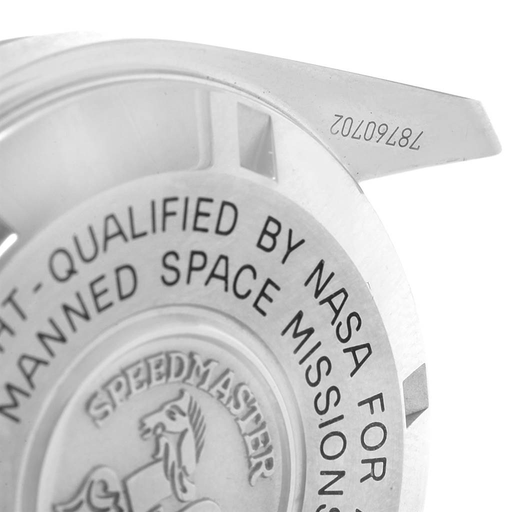 The image shows the back case of an Omega Speedmaster 311.30.42.30.01.005 Men
s Stainless Steel Black Dial 311.30.42.30.01.005 Men
s Stainless Steel Black Dial watch, highlighting the engravings and logo.