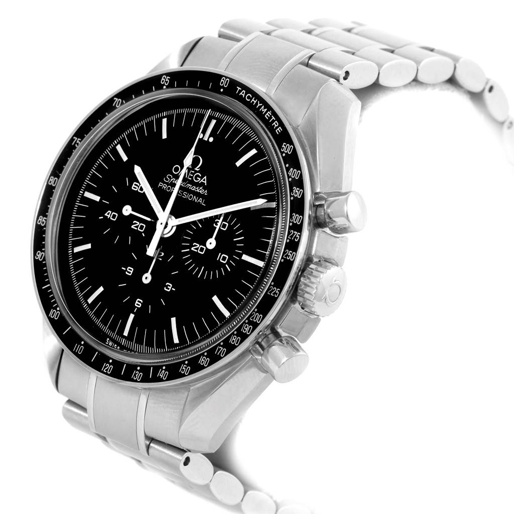The image shows an angled view of the Omega Speedmaster 311.30.42.30.01.005 Men
s Stainless Steel Black Dial 311.30.42.30.01.005 Men
s Stainless Steel Black Dial watch, displaying the face, side buttons, and metal bracelet.