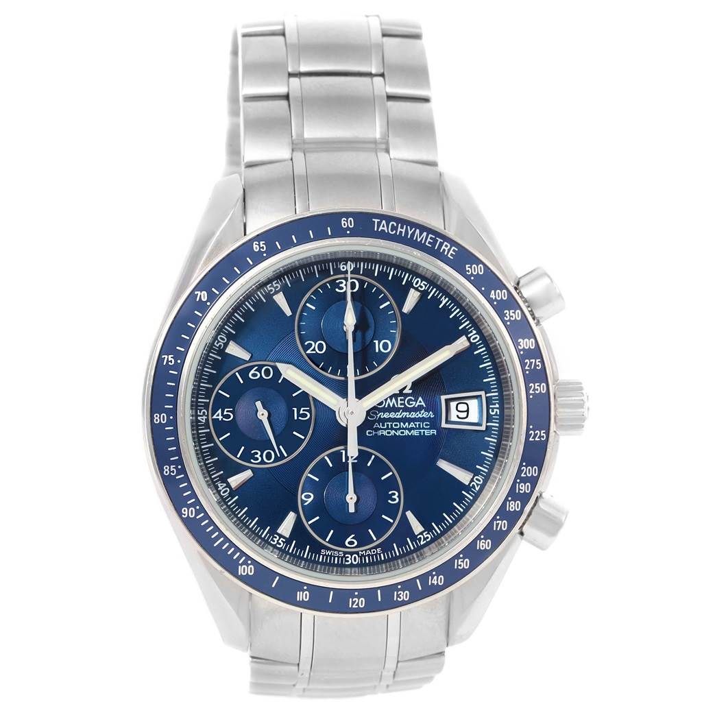 The image shows a front view of the Omega Speedmaster 3212.80.00 Men
s Stainless Steel Blue Dial 3212.80.00 Men
s Stainless Steel Blue Dial watch, highlighting its dial, bezel, and bracelet.