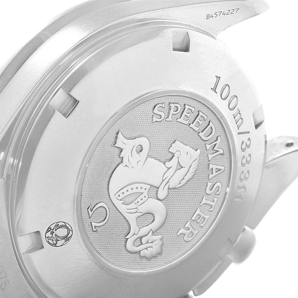 The image shows the back cover of the Omega Speedmaster 3212.80.00 Men
s Stainless Steel Blue Dial 3212.80.00 Men
s Stainless Steel Blue Dial watch, highlighting the engraved seahorse and water resistance markings.