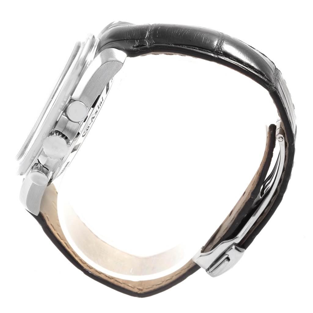 The image shows a side view of an Omega Speedmaster 321.13.44.50.02.001 Men
s Stainless Steel Silver Dial 321.13.44.50.02.001 Men
s Stainless Steel Silver Dial watch with a black leather strap and stainless steel case.