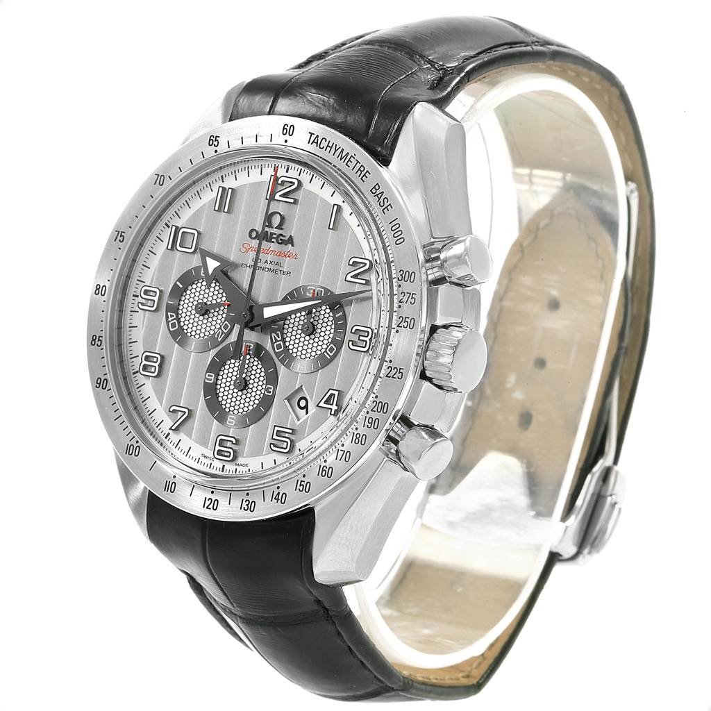 The Omega Speedmaster 321.13.44.50.02.001 Men
s Stainless Steel Silver Dial 321.13.44.50.02.001 Men
s Stainless Steel Silver Dial watch is shown at an angle displaying its dial, bezel, side pushers, and leather strap.