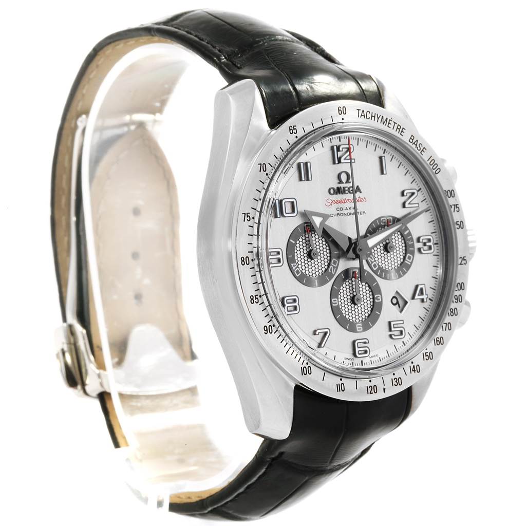 This image shows an angled front view of the Omega Speedmaster 321.13.44.50.02.001 Men
s Stainless Steel Silver Dial 321.13.44.50.02.001 Men
s Stainless Steel Silver Dial watch, highlighting its face, bezel, crown, and leather strap.