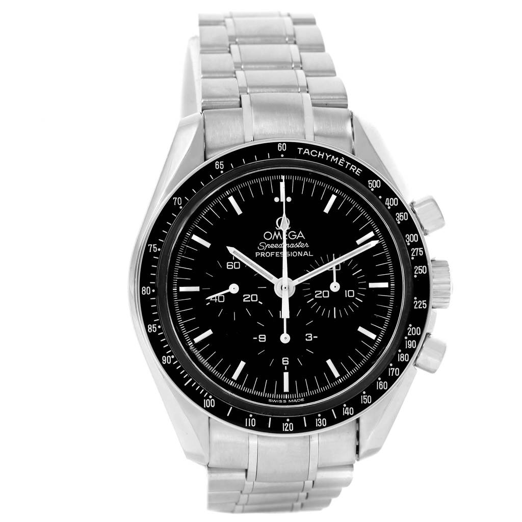 The image shows a front view of the Omega Speedmaster 3560.50.00 Men
s Stainless Steel Black Dial 3560.50.00 Men
s Stainless Steel Black Dial watch, displaying the dial, bracelet, and pushers.