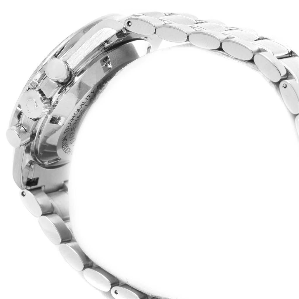 The image shows the side view of an Omega Speedmaster 3560.50.00 Men
s Stainless Steel Black Dial 3560.50.00 Men
s Stainless Steel Black Dial watch, focusing on the crown, chrono pushers, and metal bracelet.