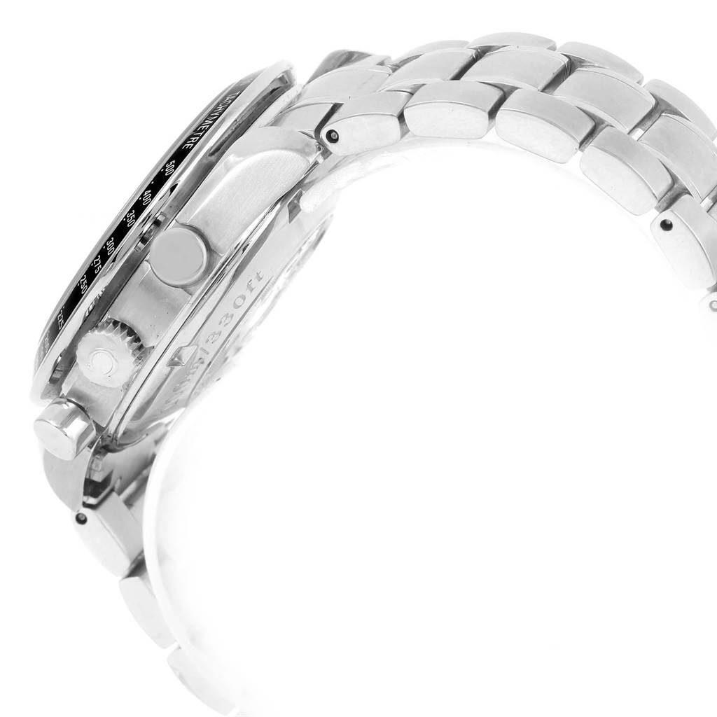 The image shows a side view of the Omega Speedmaster 3210.50.00 Men
s Stainless Steel Black Dial 3210.50.00 Men
s Stainless Steel Black Dial watch, highlighting its case, crown, and part of the bracelet.