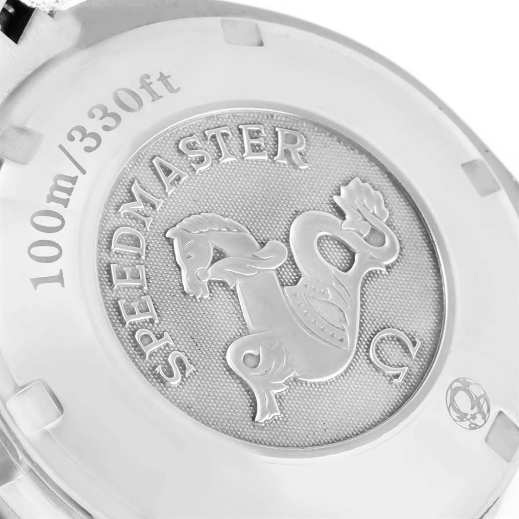 This image shows the engraved case back of an Omega Speedmaster 3210.50.00 Men
s Stainless Steel Black Dial 3210.50.00 Men
s Stainless Steel Black Dial watch, highlighting its water resistance rating of 100m/330ft.