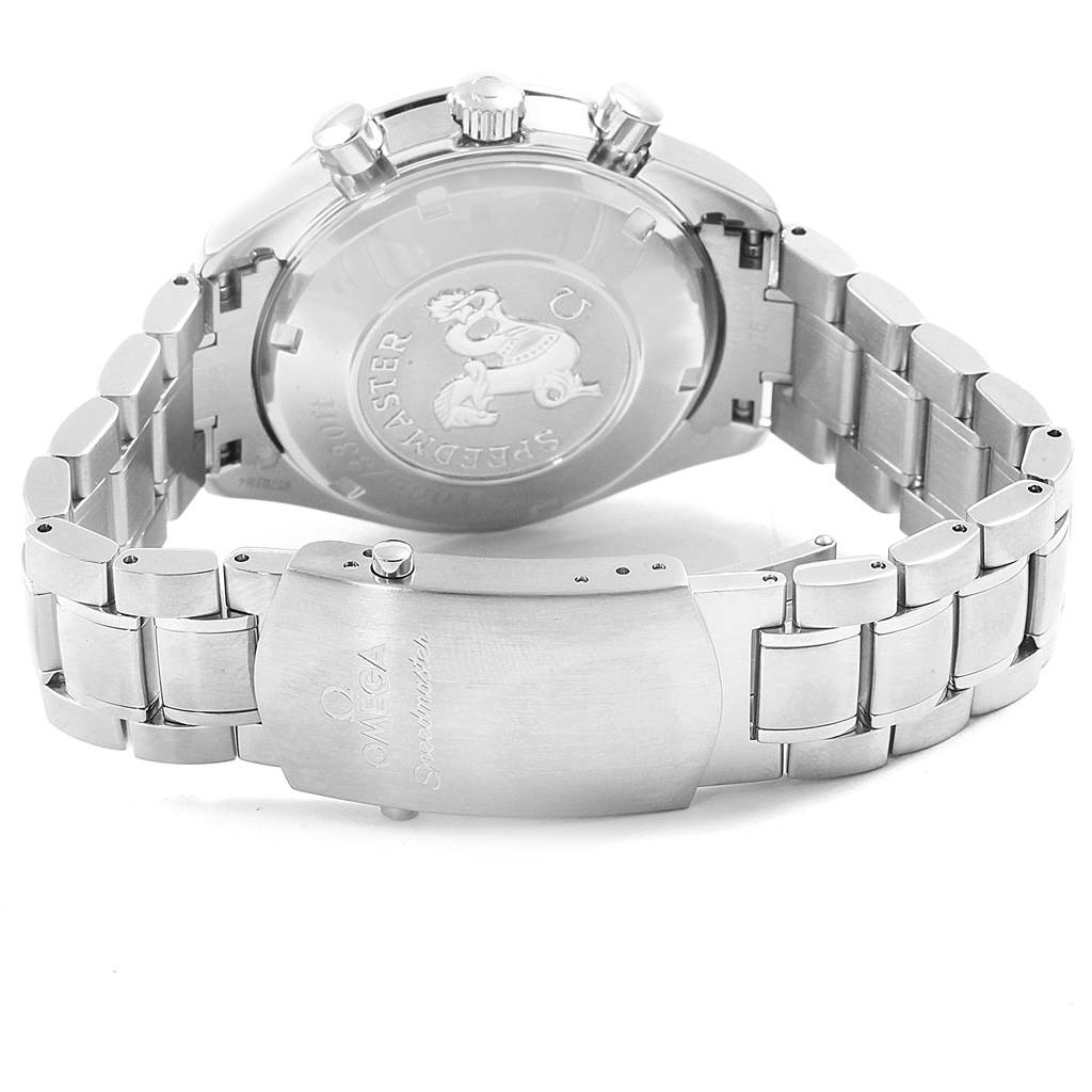 The image shows the back case and bracelet of an Omega Speedmaster 3210.50.00 Men
s Stainless Steel Black Dial 3210.50.00 Men
s Stainless Steel Black Dial watch from a rear angle.