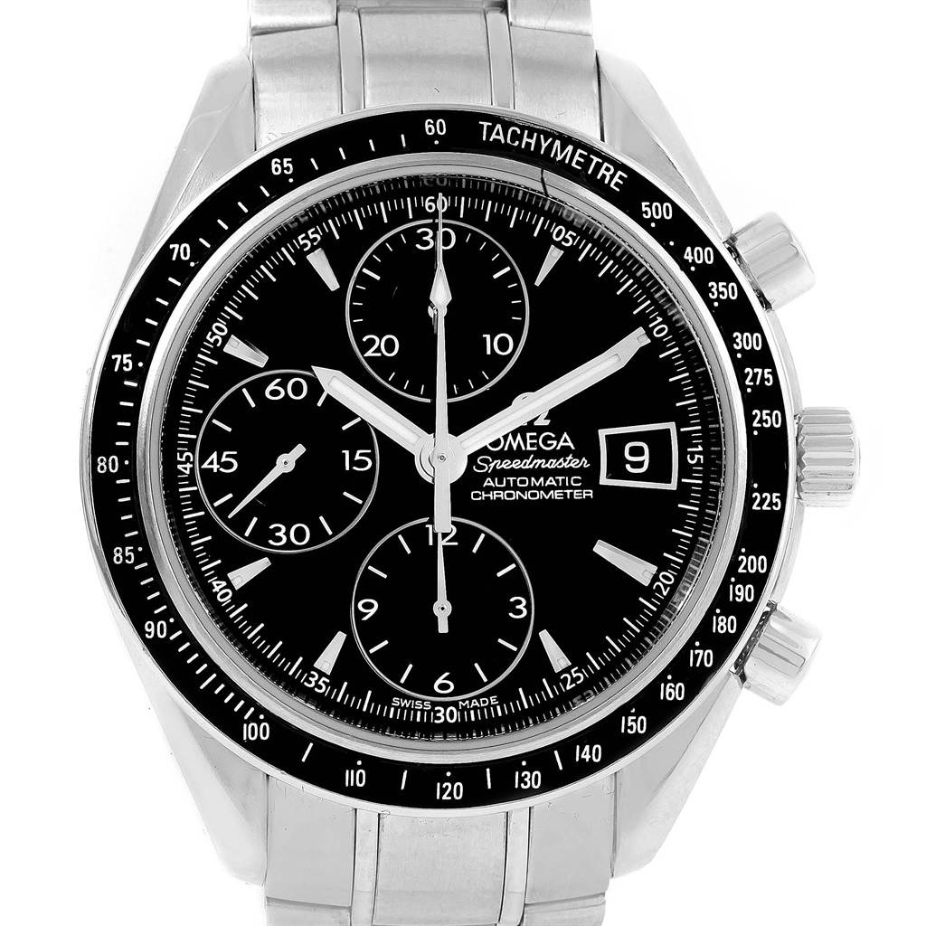 This image displays a front view of an Omega Speedmaster 3210.50.00 Men
s Stainless Steel Black Dial 3210.50.00 Men
s Stainless Steel Black Dial watch featuring its dial, tachymeter bezel, and chronograph sub-dials.
