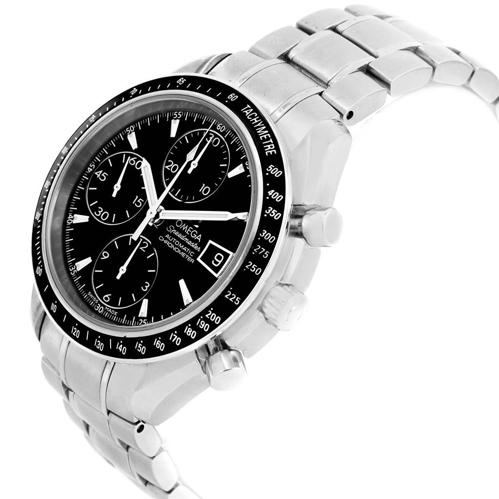 The Omega Speedmaster 3210.50.00 Men
s Stainless Steel Black Dial 3210.50.00 Men
s Stainless Steel Black Dial watch is shown at a 3/4 angle, highlighting the bezel, face, pushers, and metal bracelet.