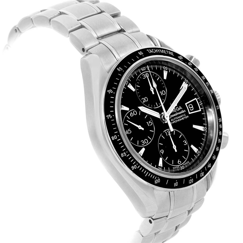 This image shows the dial, bezel, and bracelet of an Omega Speedmaster 3210.50.00 Men
s Stainless Steel Black Dial 3210.50.00 Men
s Stainless Steel Black Dial watch from a three-quarter angle.