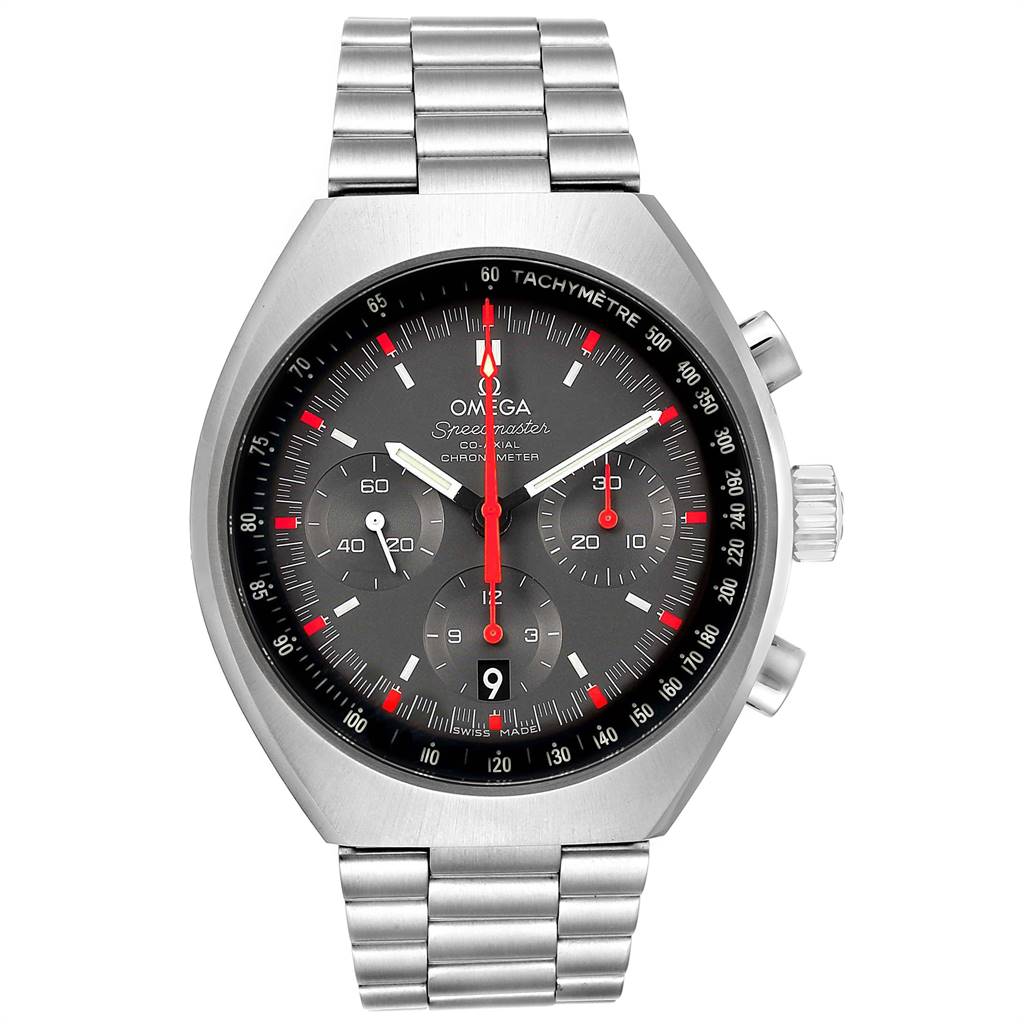 The Omega Speedmaster 327.10.43.50.06.001 Men
s Stainless Steel Grey Dial 327.10.43.50.06.001 Men
s Stainless Steel Grey Dial watch is shown from a front angle, highlighting the face, bezel, crown, and stainless steel bracelet.