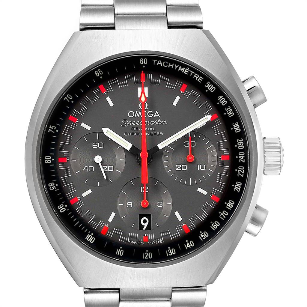 The Omega Speedmaster 327.10.43.50.06.001 Men
s Stainless Steel Grey Dial 327.10.43.50.06.001 Men
s Stainless Steel Grey Dial watch is shown at a frontal angle, highlighting its face, dial, and bracelet.