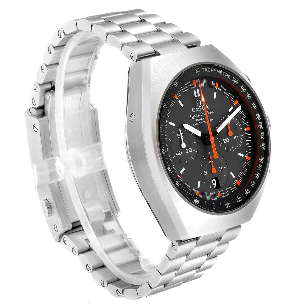 The Omega Speedmaster 327.10.43.50.06.001 Men
s Stainless Steel Grey Dial 327.10.43.50.06.001 Men
s Stainless Steel Grey Dial watch is shown at a three-quarter angle, showcasing its dial, tachymeter bezel, and metal bracelet.