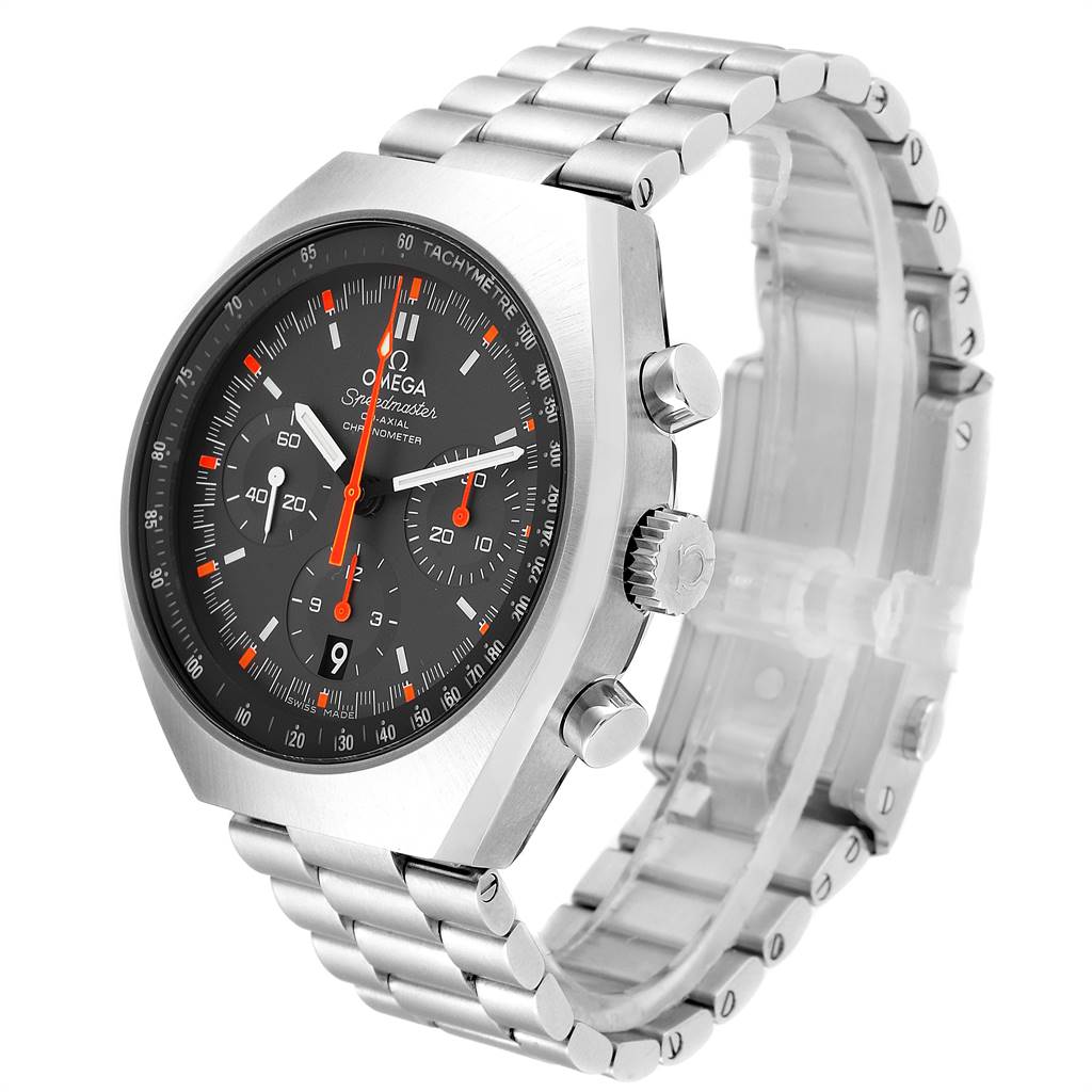 The image shows an Omega Speedmaster 327.10.43.50.06.001 Men
s Stainless Steel Grey Dial 327.10.43.50.06.001 Men
s Stainless Steel Grey Dial watch at a three-quarter angle, featuring the face, bezel, crown, pushers, and metal bracelet.