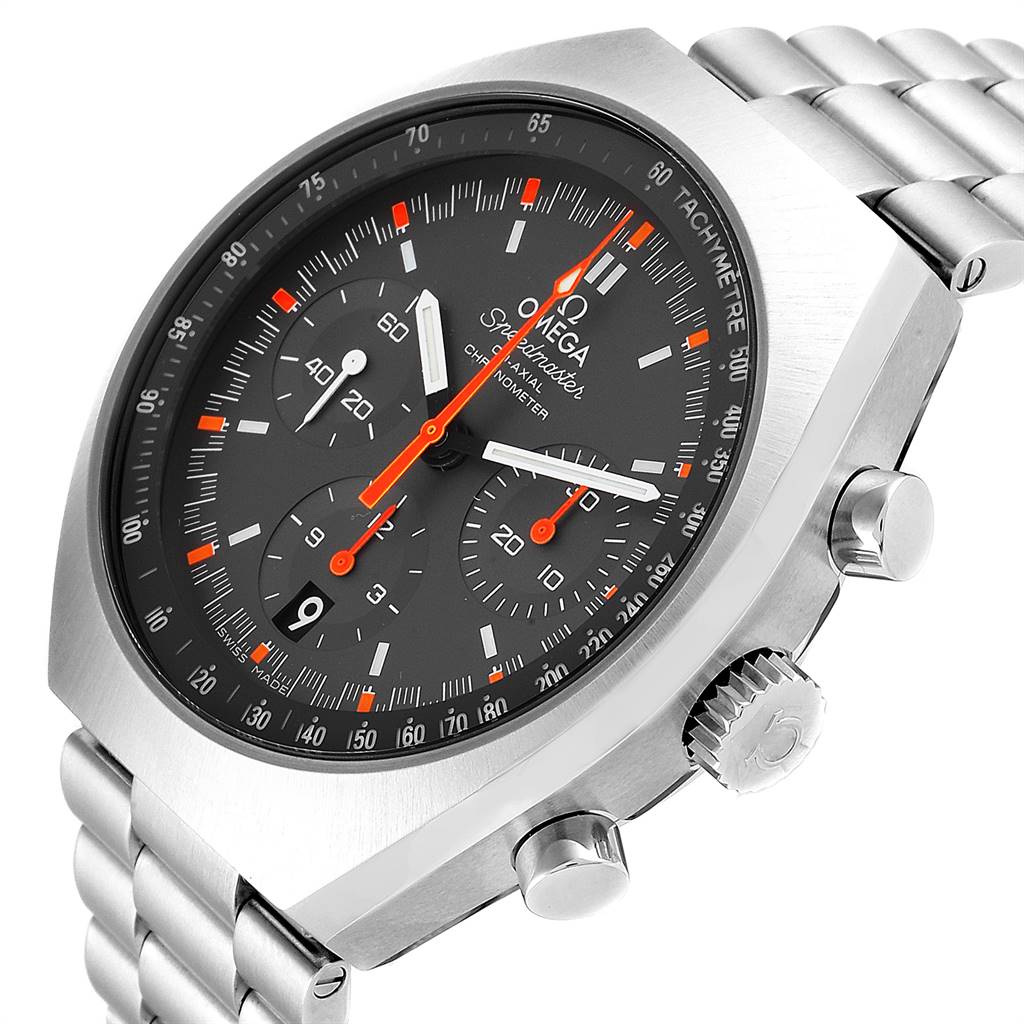 The image shows a close-up side angle of the Omega Speedmaster 327.10.43.50.06.001 Men
s Stainless Steel Grey Dial 327.10.43.50.06.001 Men
s Stainless Steel Grey Dial watch, highlighting its dial, subdials, tachymeter bezel, and metal bracelet.