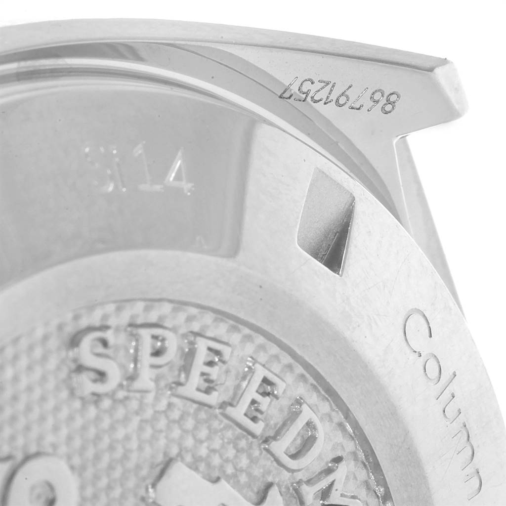 The image shows a close-up of the case back and lug of an Omega Speedmaster 327.10.43.50.06.001 Men
s Stainless Steel Grey Dial 327.10.43.50.06.001 Men
s Stainless Steel Grey Dial watch, highlighting the engraved text and serial number.