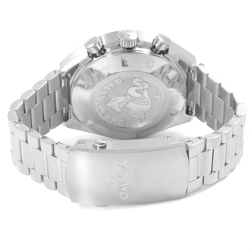 The image shows the back view of an Omega Speedmaster 327.10.43.50.06.001 Men
s Stainless Steel Grey Dial 327.10.43.50.06.001 Men
s Stainless Steel Grey Dial watch, highlighting the case back and metal bracelet.