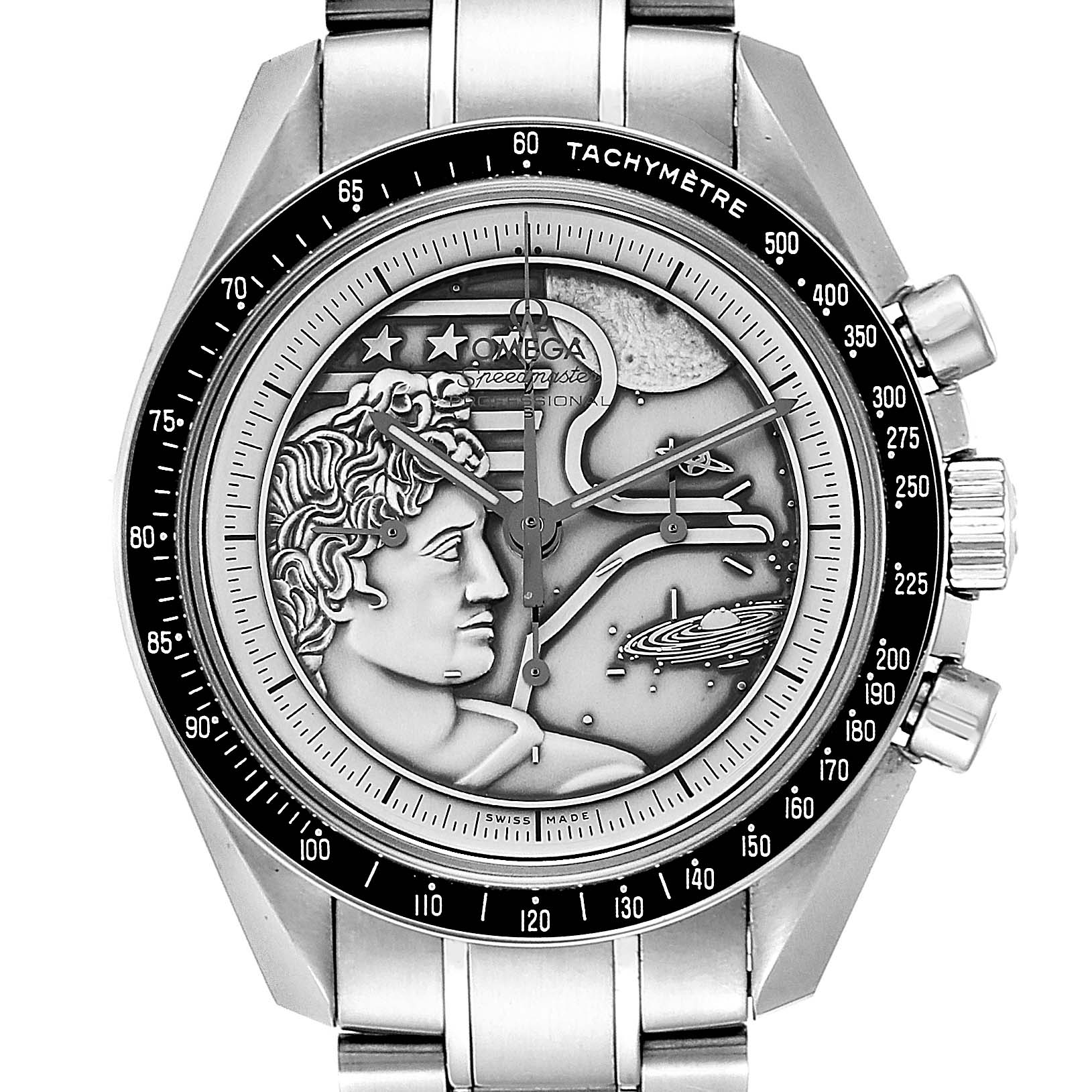 This image shows the face and bezel of an Omega Speedmaster 311.30.42.30.99.002 Men's Stainless Steel Silver Dial 311.30.42.30.99.002 Men's Stainless Steel Silver Dial watch, highlighting its intricate dial design.